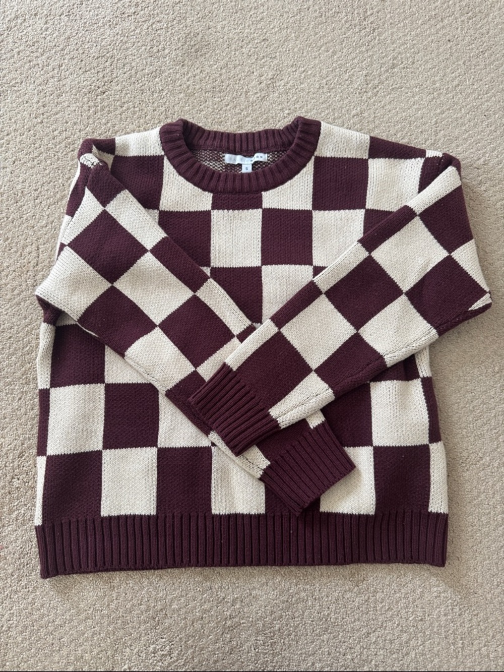 Baltic Born Checkerboard Crew Neck Sweater in Burgundy and Cream